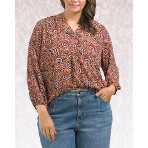 💗T Tahari Women Blouse Plus 1X Floral Popover Long Sleeve Shirt Top V Neck NWT
